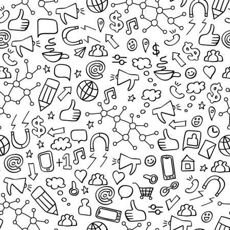 Seamless pattern with hand drawn social media elements. Internet technology background. Vector illustration.のイラスト素材