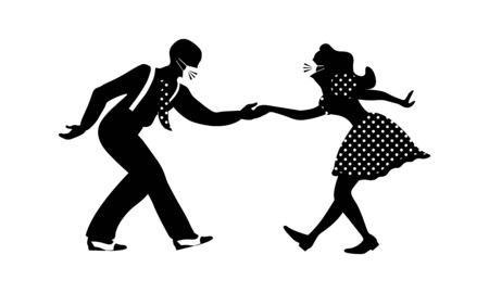 Man and woman dancing lindy hop with medical masks on their faces. Quarantine party. Vector illustration.のイラスト素材