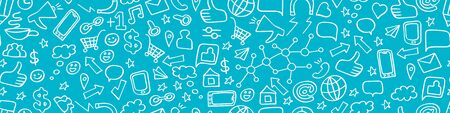 Seamless horizontal border with hand drawn social media elements on blue background. Internet technology print. Vector illustration.のイラスト素材