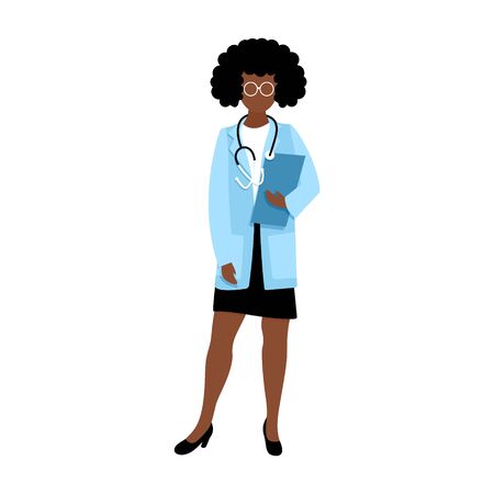 African american woman doctor in medical coat with stethoscope and glasses isolated on white background. Flat vector illustration.のイラスト素材