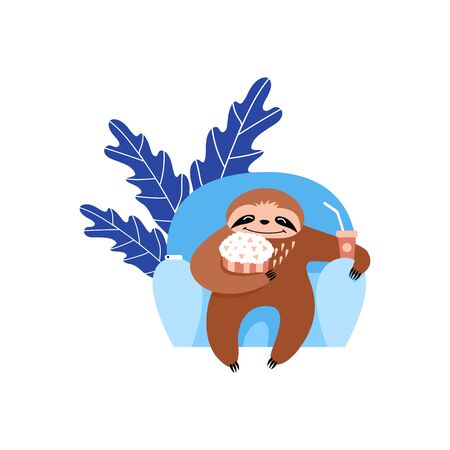 Sloth watchig movie. Cute cartoon animal with popcorn and lemonade in front of the tv. Flat vector illustration.のイラスト素材