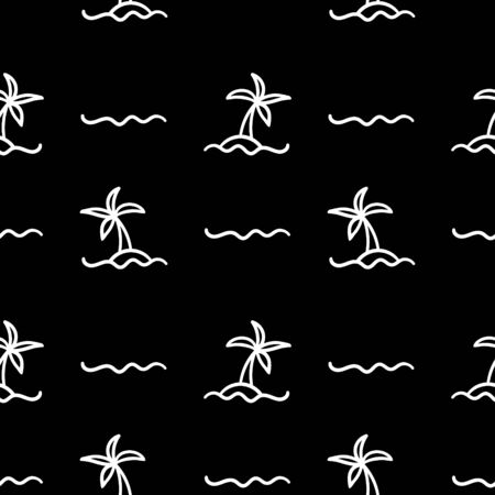 Palm tree summer vacation dark seamless pattern. Single white object on black background. illustration.のイラスト素材
