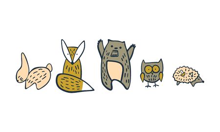 Hand drawn woodland animals collection. Cute characters in simple scandinavian style. Vector illustration.のイラスト素材