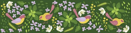 Floral web banner. Social media profile cover picture. Hand drawn birds and plants on green background. Flat vector illustration.のイラスト素材