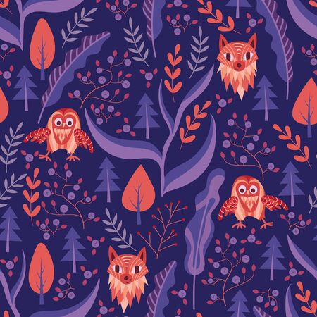 Woodland seamless pattern with cute owls and foxes. Dark floral background.  illustration.のイラスト素材