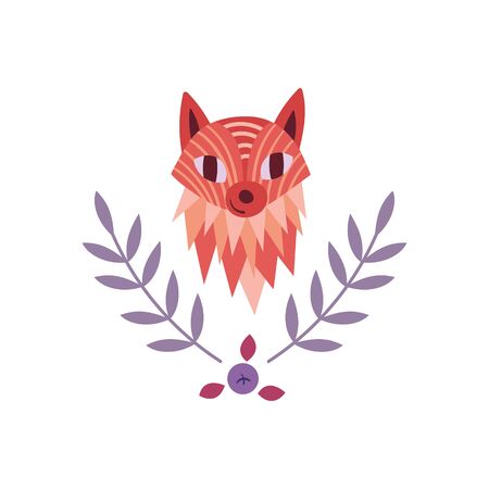 Woodland emblem. Cute cartoon fox with plants isolated on white background. Vector illustration.のイラスト素材