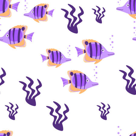 Butterfly fish with seaweed pattern on white background. Exotic underwater creature and laminaria. Flat illustration.のイラスト素材