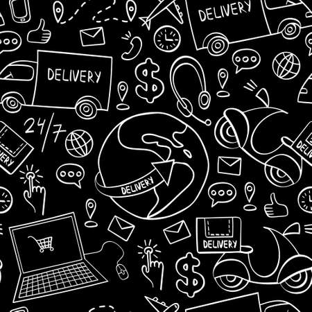 Delivery hand drawn seamless pattern. Doodle shipping elements on black background. Vector illustration.のイラスト素材