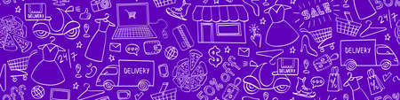 Online shopping hand drawn seamless horizontal border. Doodle e-commerce background. Vector illustration.のイラスト素材