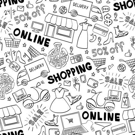 Online shopping hand drawn seamless pattern with lettering. Doodle e-commerce background. Vector illustration.のイラスト素材