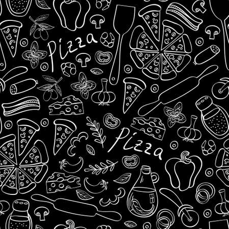Pizza with ingredients and supplies hand drawn background. Food doodles seamless pattern. Vector illustration.のイラスト素材