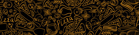Pizza with ingredients and supplies hand drawn seamless banner. Food doodles on black background....