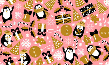 Christmas seamless pattern with penguins on pink background. Girlish festive print. Vector illustration.のイラスト素材