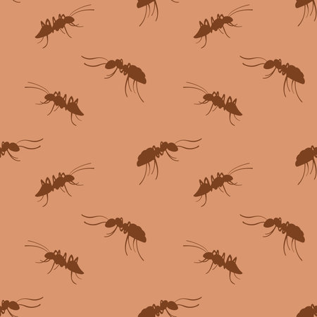 Ants seamless pattern. Brown hand drawn insects on beige background. Vector illustration.のイラスト素材