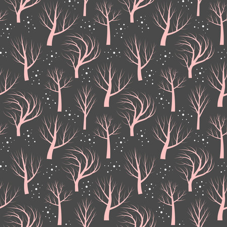 Naked trees with snow seamless pattern. Pink silhouettes on grey background. Vector illustration.
