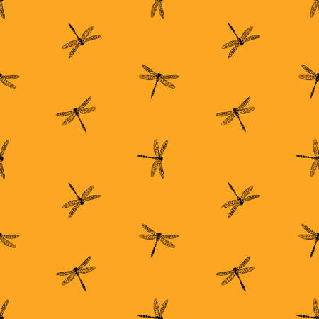 Dragonfly bright seamless pattern. Decorative insects on yellow background. Vector illustration.のイラスト素材