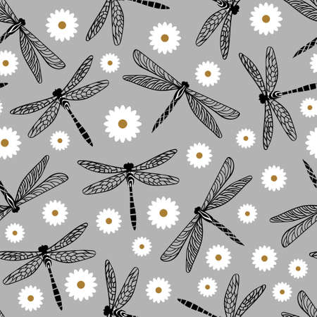 Dragonfly seamless pattern with chamomile on grey background.Vector illustration.のイラスト素材