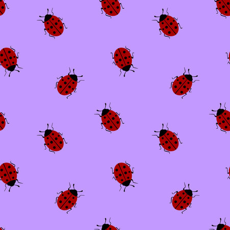 Seamless pattern with ladybug on violet background. Vector illustration.