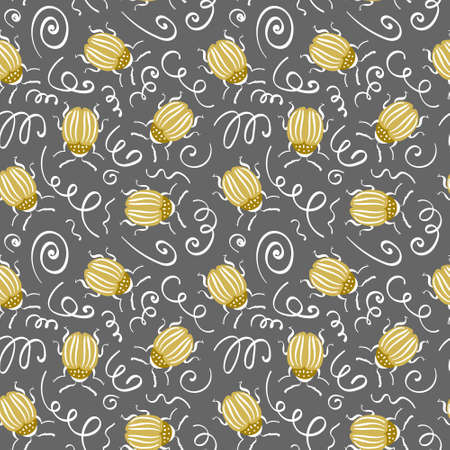 Seamless pattern with gold Colorado potato bugs and scrawl on gray background. Vector illustration.のイラスト素材