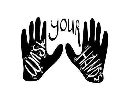 Hands silhouette with lettering inside. Virus protection concept. Vector illustration.のイラスト素材