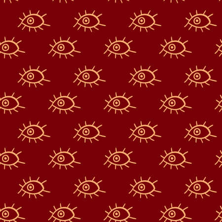 Seamless pattern with hand drawn outline eyes on dark red background. Vector illustration.のイラスト素材