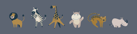 Cute and funny african animals. Cartoon characters on a poster with gray background. Vector...