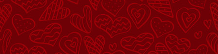 Cute hand drawn heart shapes in seamless horizontal web banner on dark red background. Vector illustration.のイラスト素材