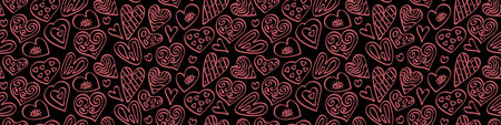 Cute hand drawn heart shapes in seamless horizontal border on black background. Vector illustration.