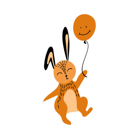 Cute cartoon rabbit dancing with balloon. Funny woodland character isolated on white background. Vector illustration.のイラスト素材