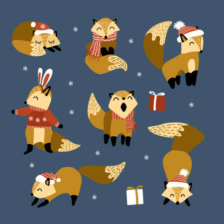 Winter cute cartoon foxes collection. Woodland animals in warm clothes celebrating Christmas. Vector illustration.のイラスト素材