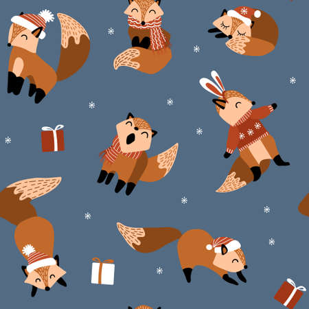 Seamless pattern with cute hand drawn foxes with winter accessories. Funny woodland animals on dark background. Vector illustration.のイラスト素材