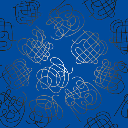 Vector scribble seamless pattern. Messy silver lines on blue background.
