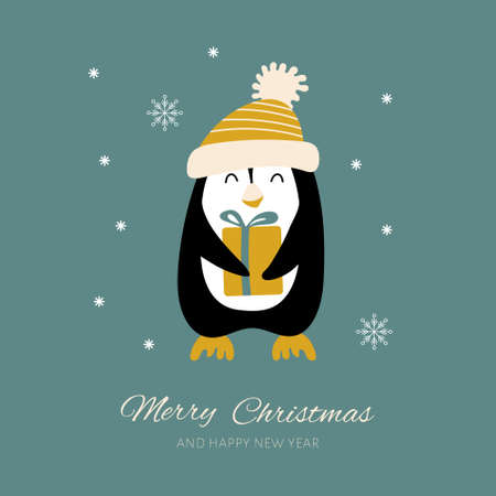 Cute cartoon penguin in hat with gift box. Christmas greeting card. Vector illustration.のイラスト素材