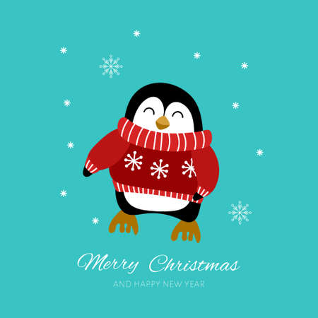 Cute cartoon penguin in sweater. Christmas greeting card. Vector illustration.のイラスト素材