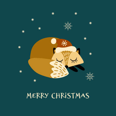 Christmas card with cute sleeping fox in hat. Vector illustration.のイラスト素材