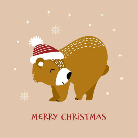 Christmas greeting card with cute bear in hat. Vector illustration.のイラスト素材