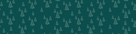 Woodland green seamless horizontal border. Web banner with single hand drawn fir tree with Christmas...