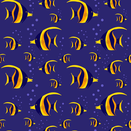 Butterflyfish seamless pattern on dark blue background. Cute textile and wrapping paper design. Vector illustration.のイラスト素材