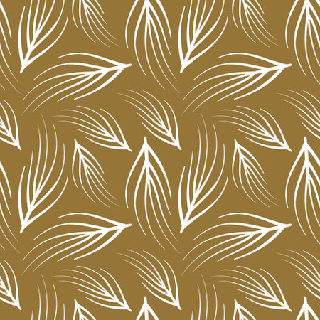 Abstract floral seamless pattern with outline white leaves on golden background. Vector illustration.のイラスト素材