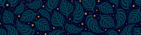 Abstract floral seamless horizontal border with monstera leaves on dark background. Vector illustration.のイラスト素材