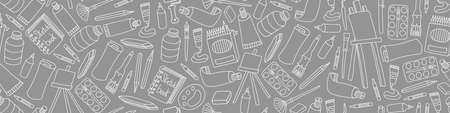 Art supplies seamless pattern. Hand drawn doodles on gray background. Vector illustration.のイラスト素材