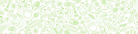 Healthy lifestyle seamless pattern. Green doodles on white background. Vector illustration.のイラスト素材