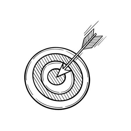 Dart board with arrow in the centre. Goal achieving concept. Sketch icon on white background. Vector illustration.のイラスト素材