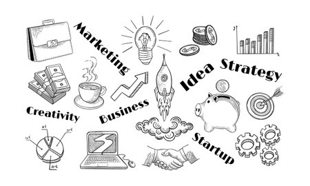 Business idea doodles on white background. Hand drawn finance sketches. Vector illustration.のイラスト素材