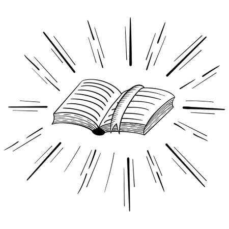 Open book with light around. Black sketch on white background. Vector illustration.のイラスト素材