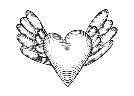 Cute hand drawn heart shape with wings. Black vintage sketch on white background.のイラスト素材
