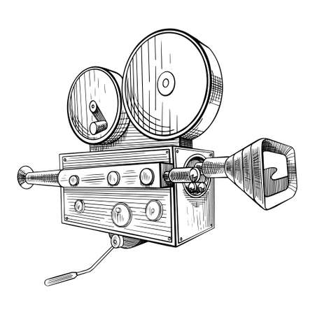 Filmmaking camera sketch. Black hand drawn object on white background. Vector illustration.のイラスト素材
