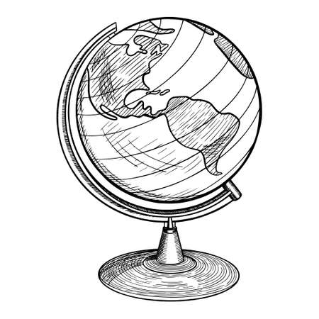 Hand drawn standing globe with South and North America. Vintage sketch on white background. Vector illustration.のイラスト素材