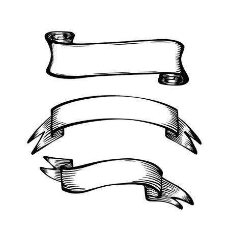 Vintage banners collection. Hand drawn ribbons in retro sketchy style. Vector illustration.のイラスト素材