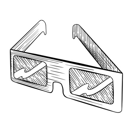 3d eye glasses for movie watching. Black vintage sketch on white background. Vector illustration.のイラスト素材